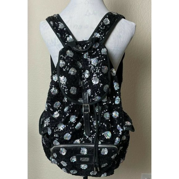 PINK Victoria's Secret Handbags - Victoria Secret PINK Backpack Silver Black Leopard Print Sequin Handbag